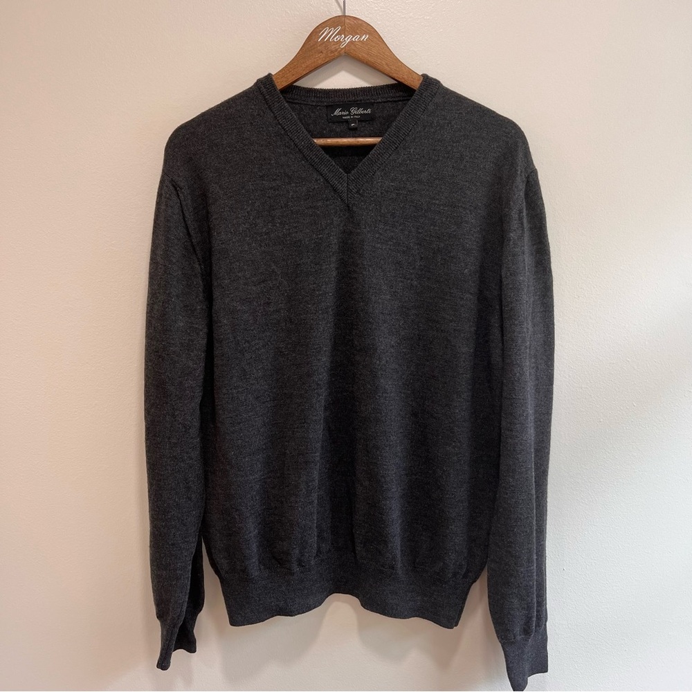 Mario Gilberti Men’s 100% Merino Wool V-Neck Sweater in Gray, Long sleeve, L